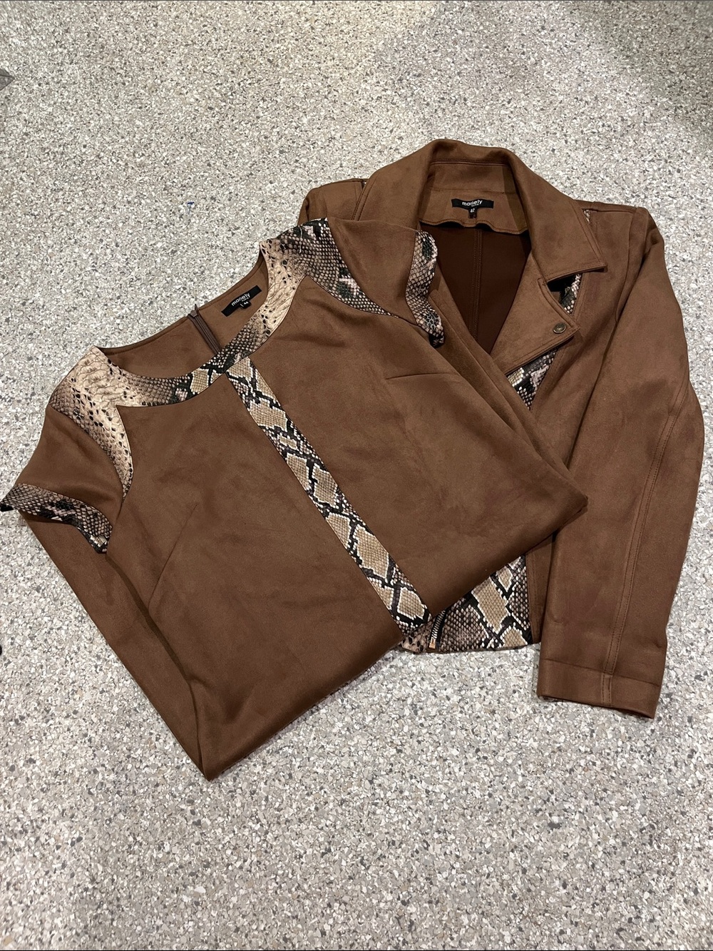 Brown Snake-Trim Suede-Look Leather Jacket & dress Set